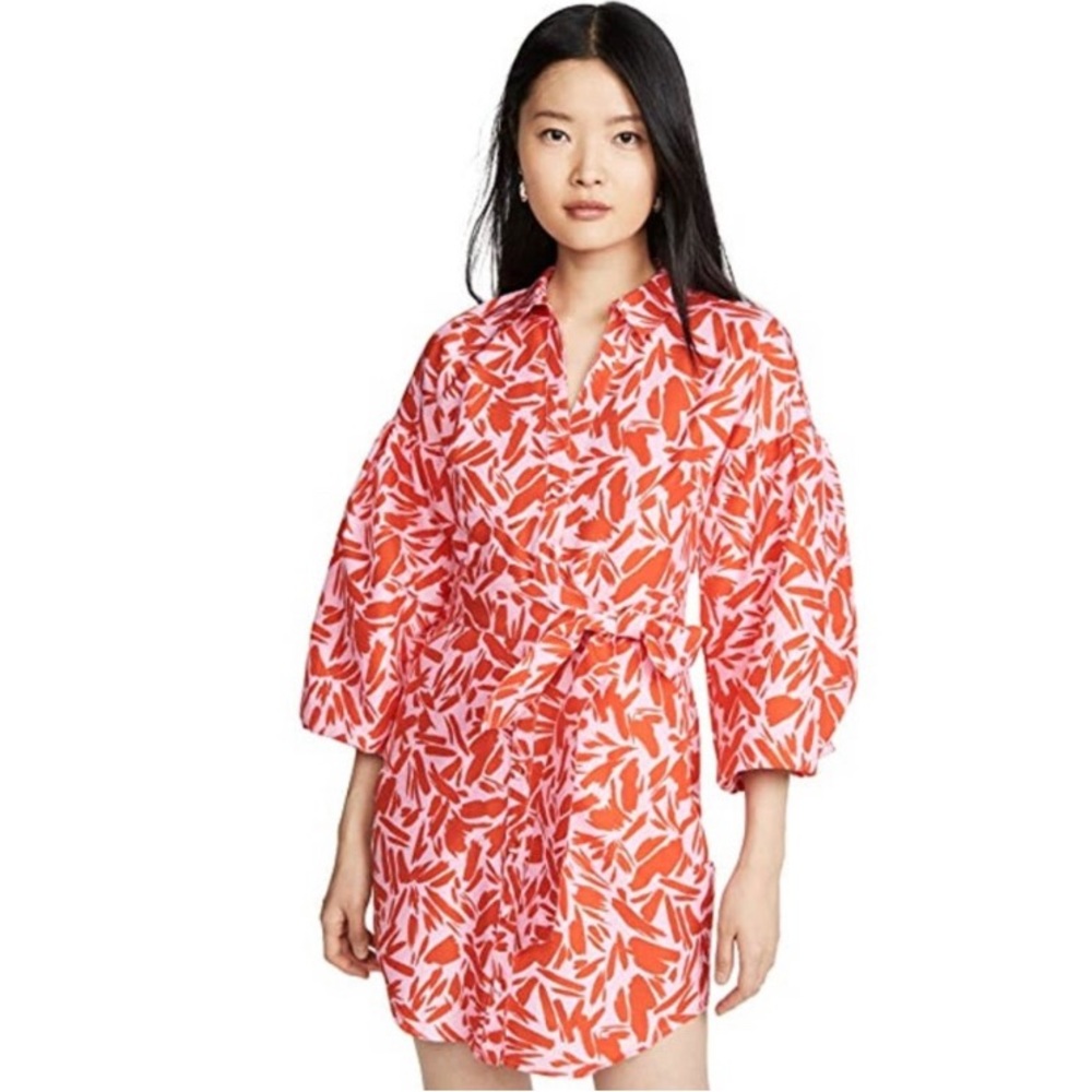 Veronica Beard Samy Red/Pink Print Button Front Belted Puff Sleeve Short…